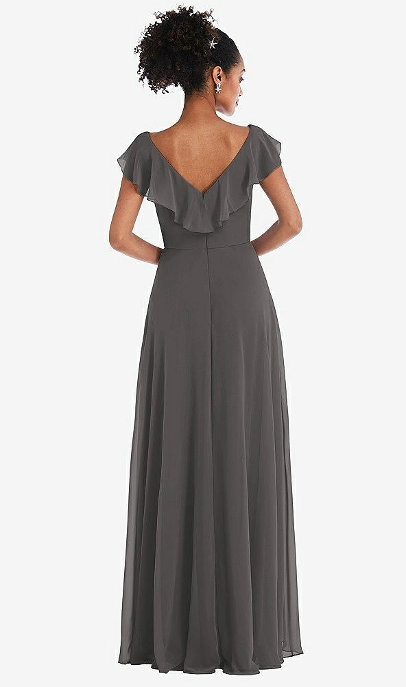 Back View - Caviar Gray Ruffle-Trimmed V-Back Chiffon Maxi Dress