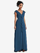 Front View Thumbnail - Dusk Blue Ruffle-Trimmed V-Back Chiffon Maxi Dress