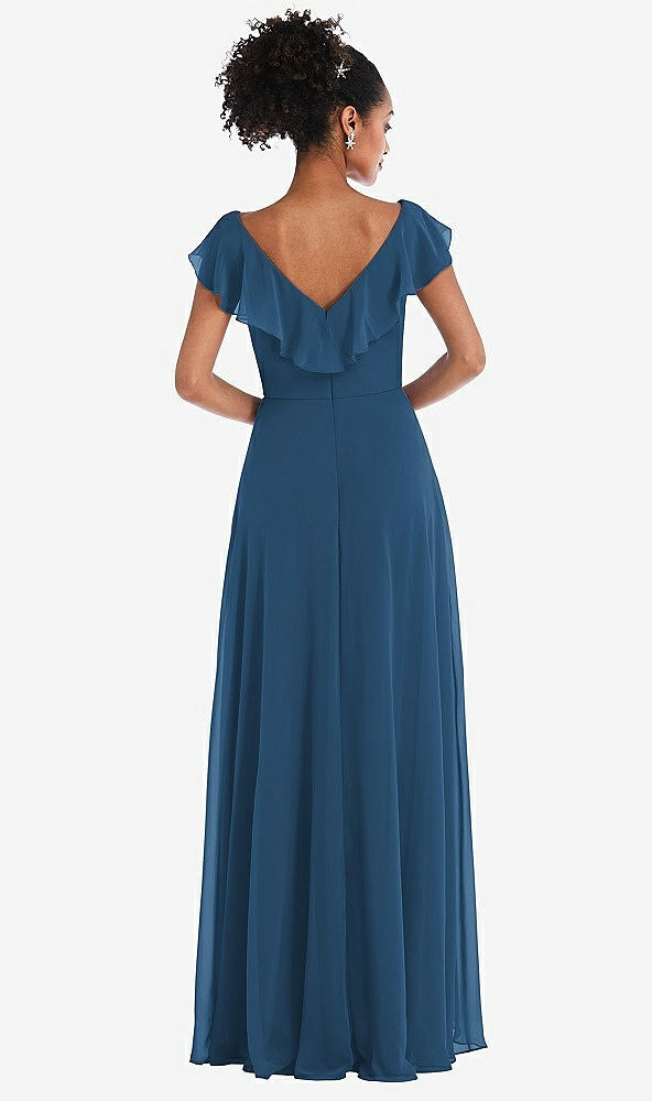 Back View - Dusk Blue Ruffle-Trimmed V-Back Chiffon Maxi Dress