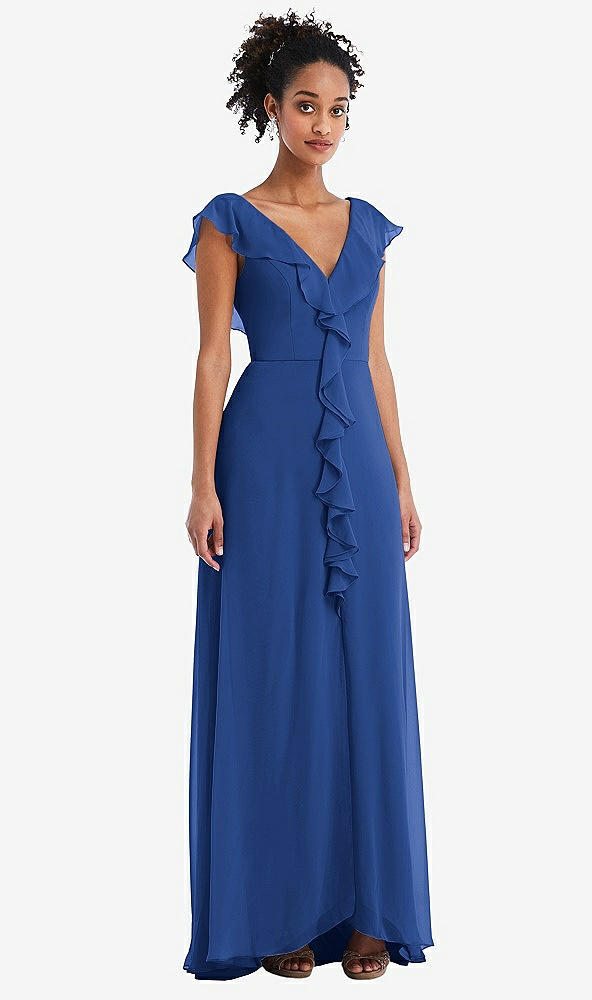 Front View - Classic Blue Ruffle-Trimmed V-Back Chiffon Maxi Dress