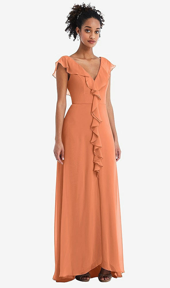 Front View - Sweet Melon Ruffle-Trimmed V-Back Chiffon Maxi Dress