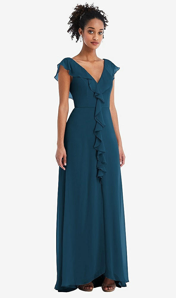 Front View - Atlantic Blue Ruffle-Trimmed V-Back Chiffon Maxi Dress