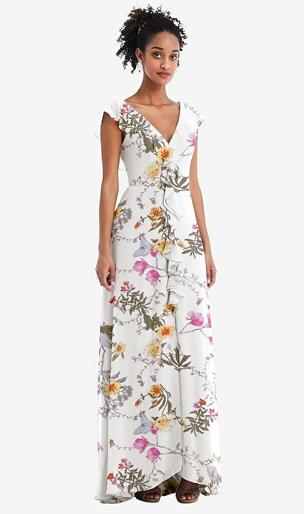 Front View - Butterfly Botanica Ivory Ruffle-Trimmed V-Back Chiffon Maxi Dress