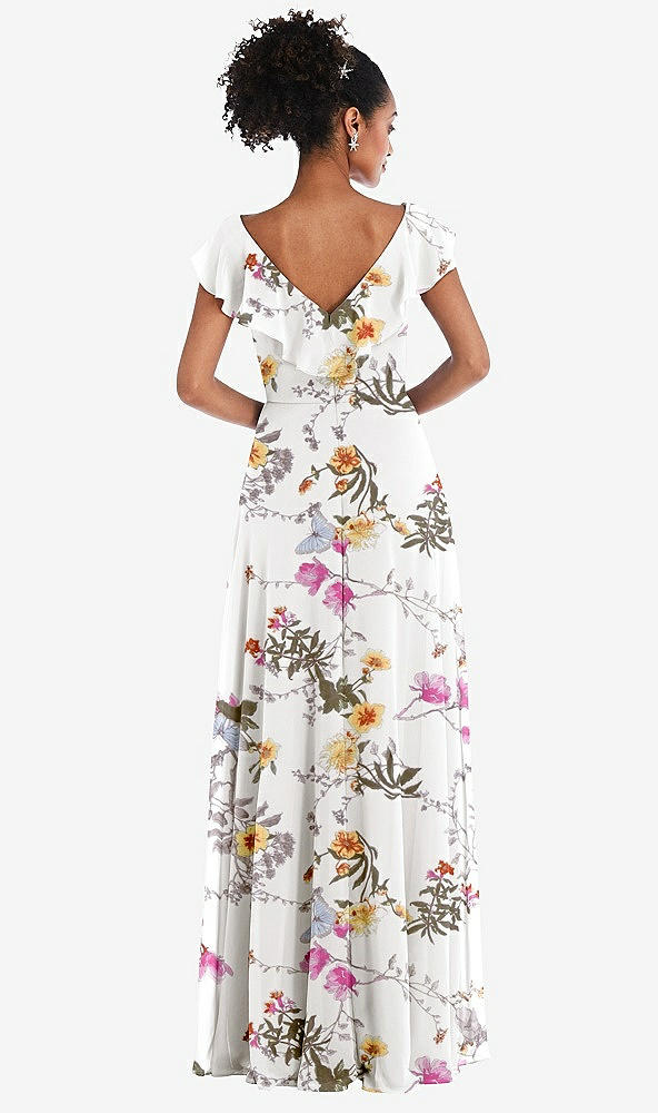 Back View - Butterfly Botanica Ivory Ruffle-Trimmed V-Back Chiffon Maxi Dress