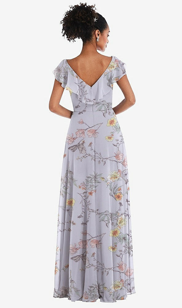 Back View - Butterfly Botanica Silver Dove Ruffle-Trimmed V-Back Chiffon Maxi Dress