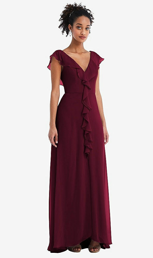 Front View - Cabernet Ruffle-Trimmed V-Back Chiffon Maxi Dress