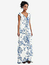 Front View Thumbnail - Cottage Rose Dusk Blue Ruffle-Trimmed V-Back Chiffon Maxi Dress