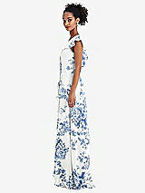 Side View Thumbnail - Cottage Rose Dusk Blue Ruffle-Trimmed V-Back Chiffon Maxi Dress