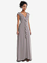 Front View Thumbnail - Cashmere Gray Ruffle-Trimmed V-Back Chiffon Maxi Dress