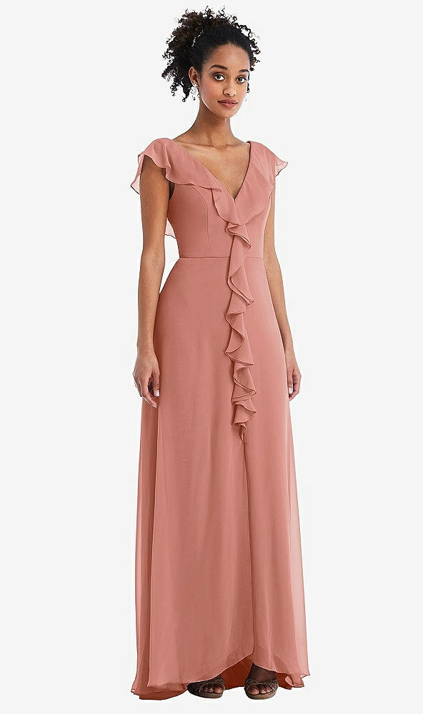 Front View - Desert Rose Ruffle-Trimmed V-Back Chiffon Maxi Dress