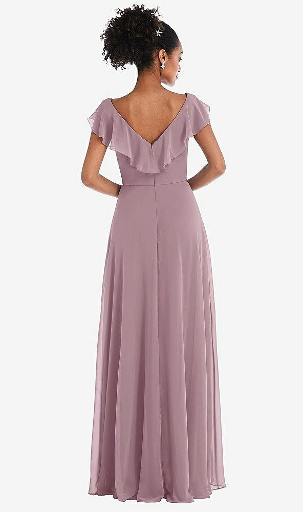 Back View - Dusty Rose Ruffle-Trimmed V-Back Chiffon Maxi Dress