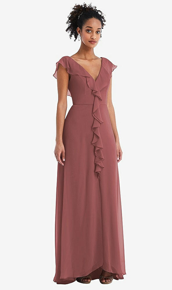 Front View - English Rose Ruffle-Trimmed V-Back Chiffon Maxi Dress