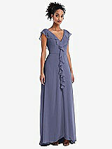 Front View Thumbnail - French Blue Ruffle-Trimmed V-Back Chiffon Maxi Dress