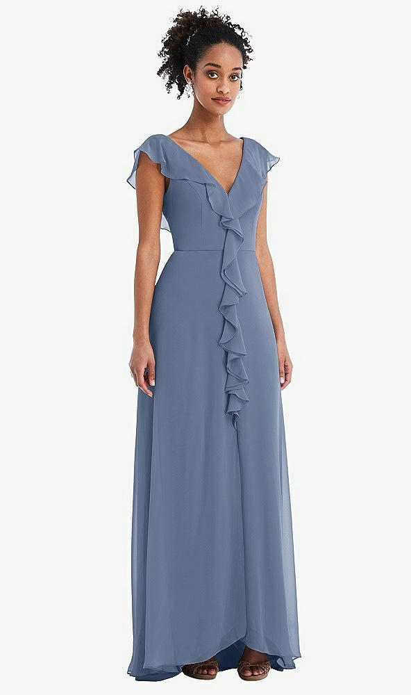 Front View - Larkspur Blue Ruffle-Trimmed V-Back Chiffon Maxi Dress