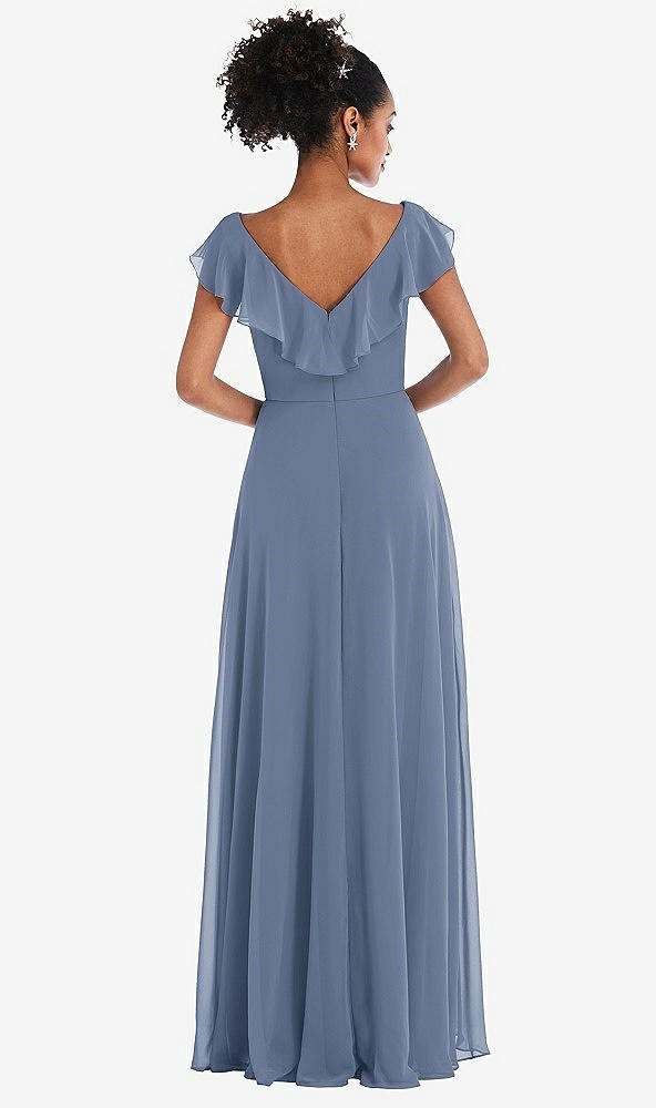 Back View - Larkspur Blue Ruffle-Trimmed V-Back Chiffon Maxi Dress