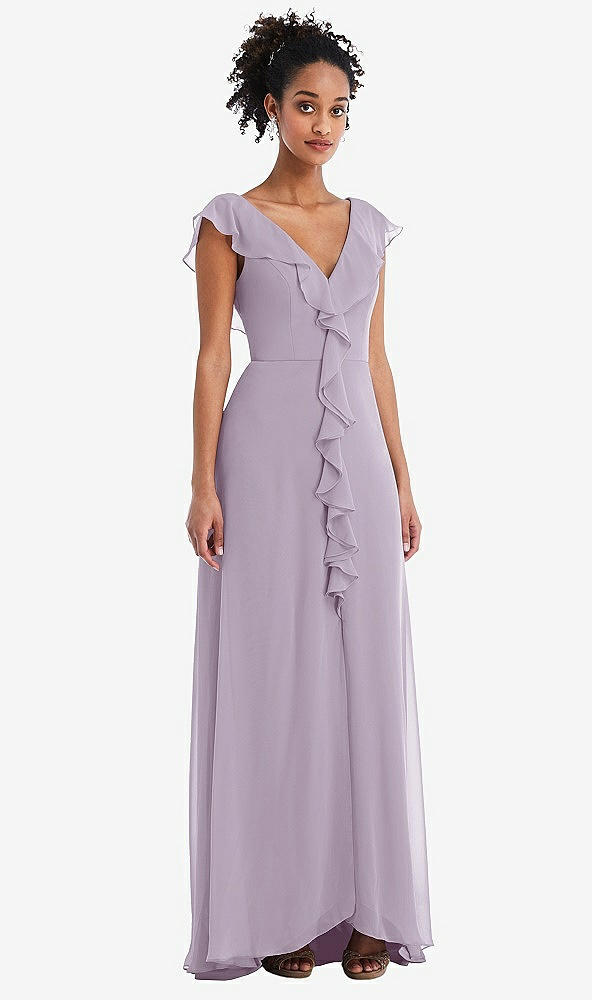 Front View - Lilac Haze Ruffle-Trimmed V-Back Chiffon Maxi Dress