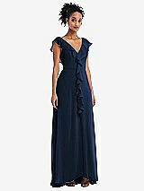 Front View Thumbnail - Midnight Navy Ruffle-Trimmed V-Back Chiffon Maxi Dress