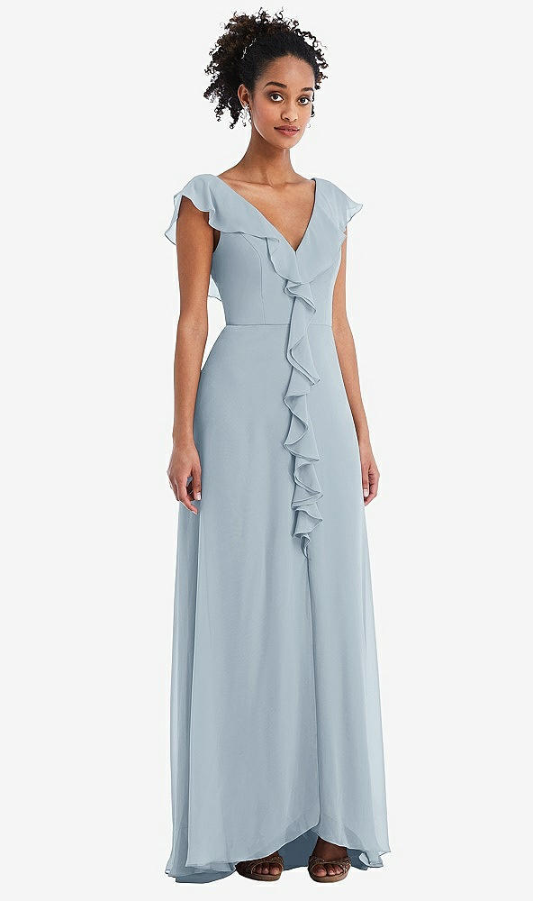 Front View - Mist Ruffle-Trimmed V-Back Chiffon Maxi Dress