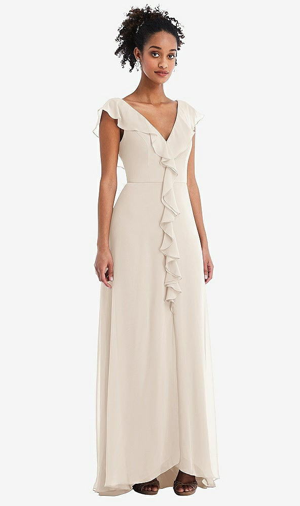 Front View - Oat Ruffle-Trimmed V-Back Chiffon Maxi Dress