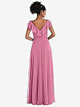 Rear View Thumbnail - Orchid Pink Ruffle-Trimmed V-Back Chiffon Maxi Dress