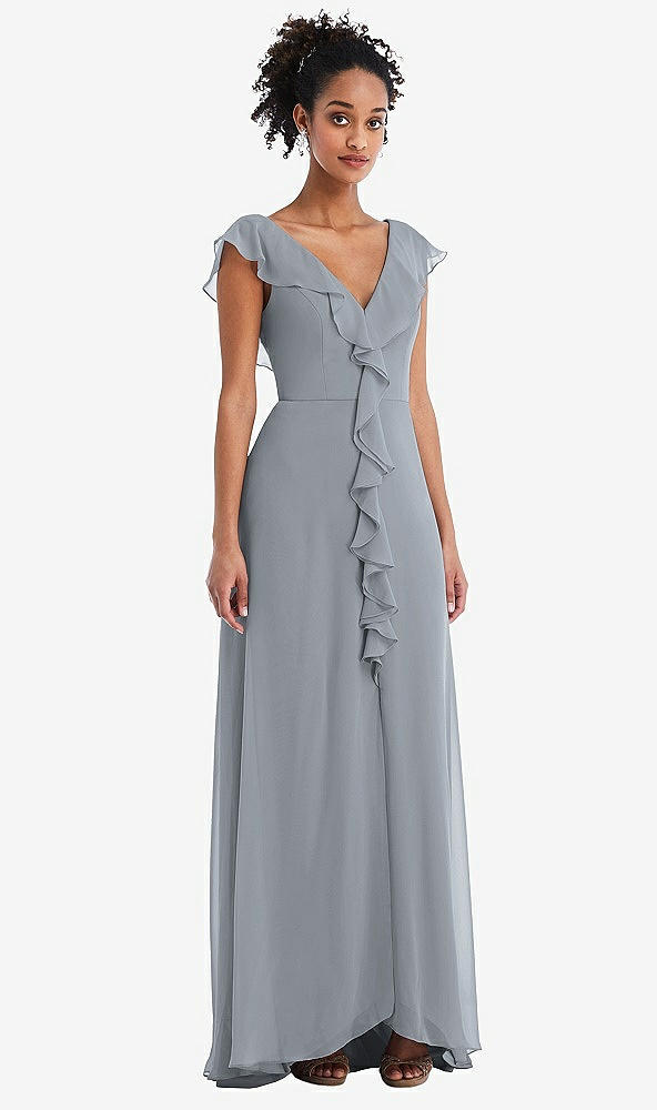 Front View - Platinum Ruffle-Trimmed V-Back Chiffon Maxi Dress