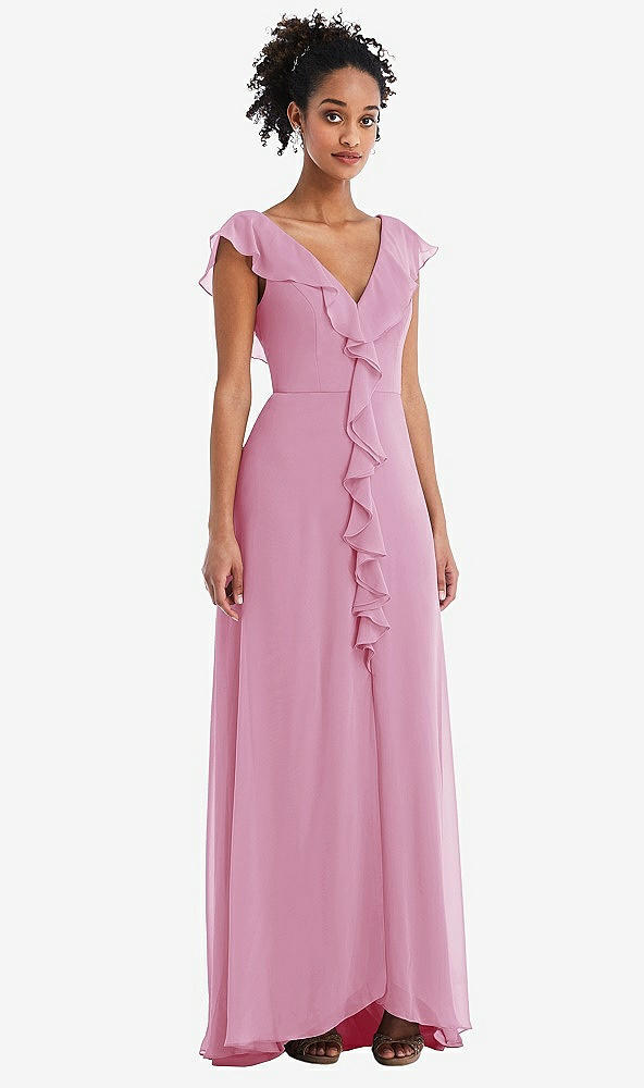 Front View - Powder Pink Ruffle-Trimmed V-Back Chiffon Maxi Dress