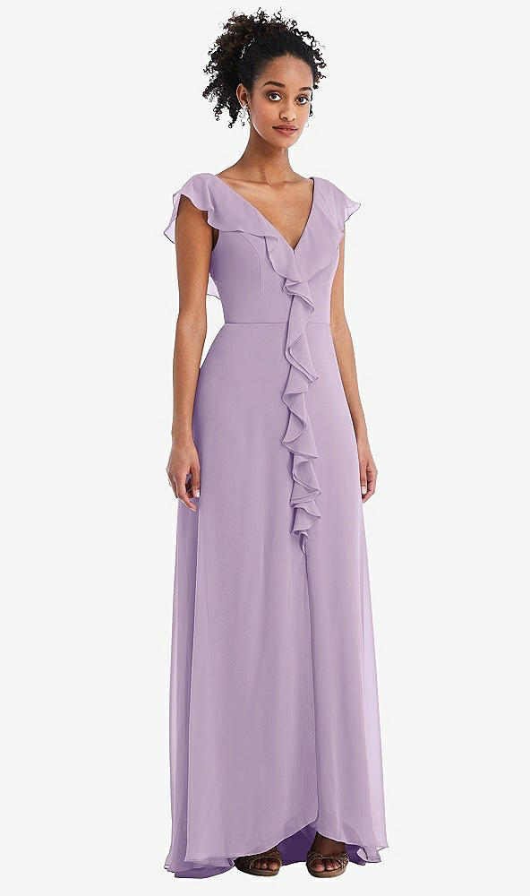 Front View - Pale Purple Ruffle-Trimmed V-Back Chiffon Maxi Dress