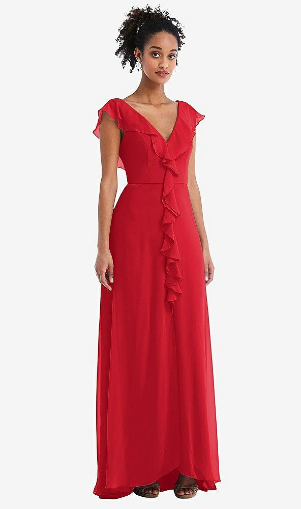 Front View - Parisian Red Ruffle-Trimmed V-Back Chiffon Maxi Dress