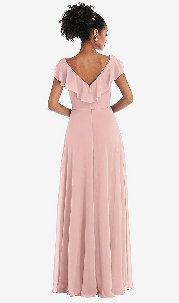 Back View - Rose - PANTONE Rose Quartz Ruffle-Trimmed V-Back Chiffon Maxi Dress