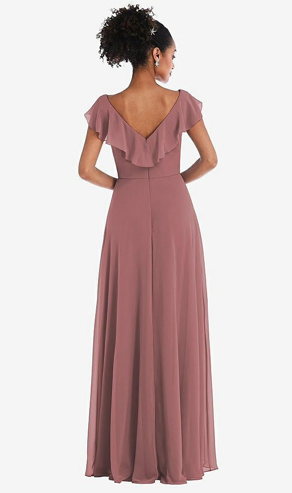 Back View - Rosewood Ruffle-Trimmed V-Back Chiffon Maxi Dress