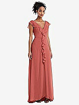 Front View Thumbnail - Coral Pink Ruffle-Trimmed V-Back Chiffon Maxi Dress