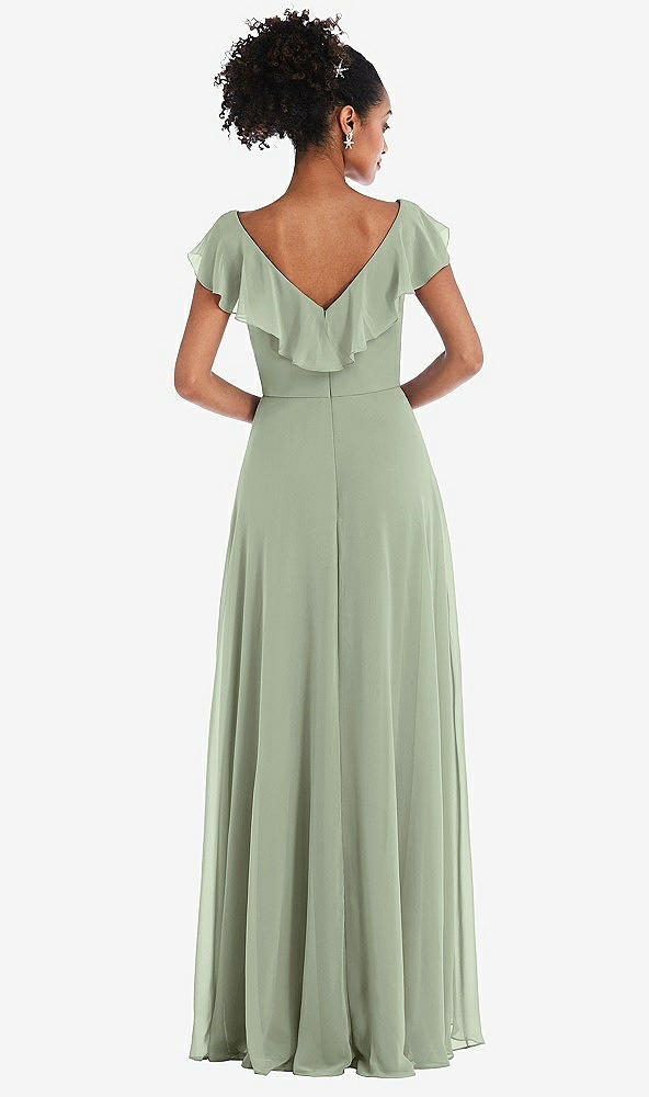 Back View - Sage Ruffle-Trimmed V-Back Chiffon Maxi Dress