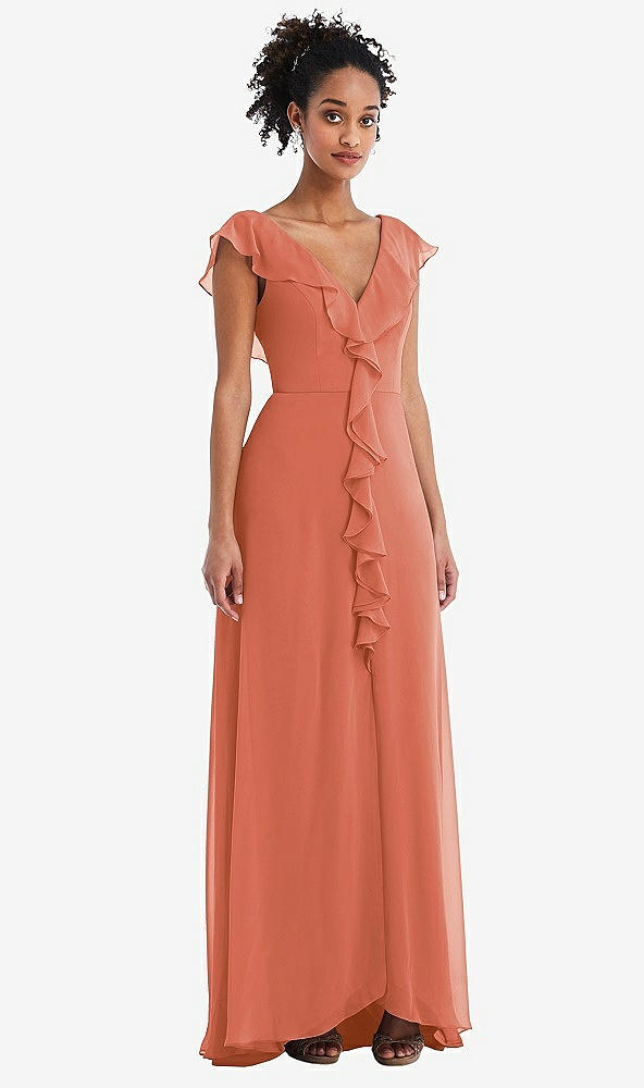 Front View - Terracotta Copper Ruffle-Trimmed V-Back Chiffon Maxi Dress