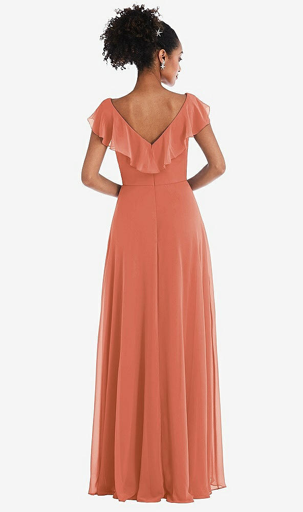 Back View - Terracotta Copper Ruffle-Trimmed V-Back Chiffon Maxi Dress