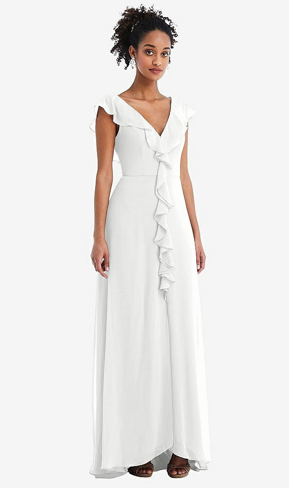 Front View - White Ruffle-Trimmed V-Back Chiffon Maxi Dress