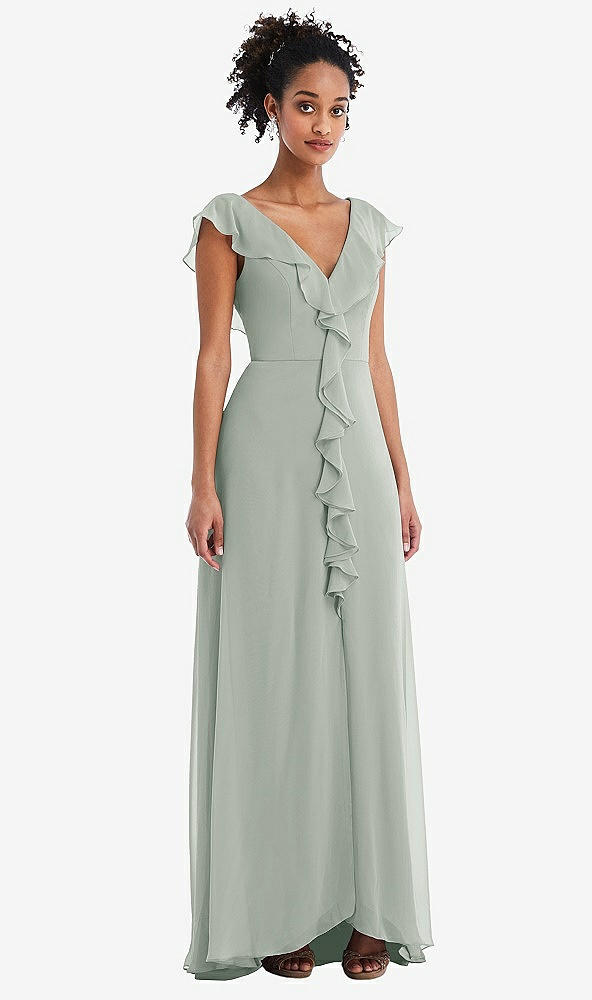 Front View - Willow Green Ruffle-Trimmed V-Back Chiffon Maxi Dress