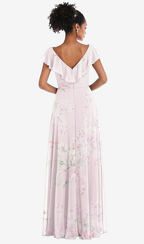 Back View - Watercolor Print Ruffle-Trimmed V-Back Chiffon Maxi Dress