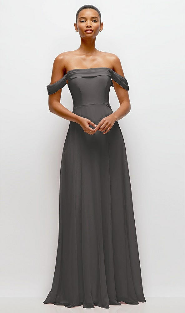 Front View - Caviar Gray Off-the-Shoulder Draped Neckline Maxi Dress