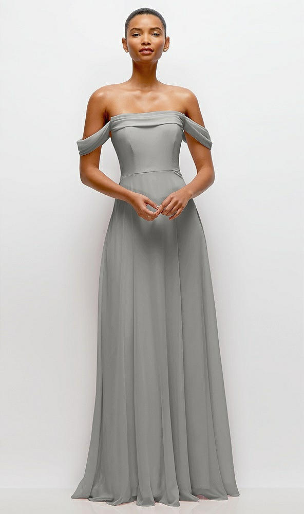 Front View - Chelsea Gray Off-the-Shoulder Draped Neckline Maxi Dress