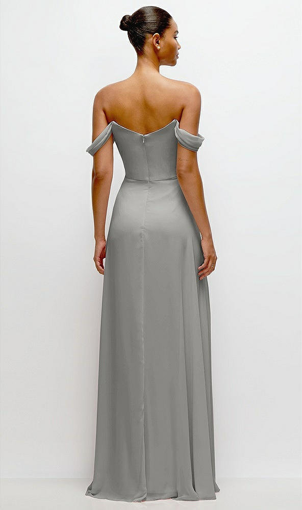 Back View - Chelsea Gray Off-the-Shoulder Draped Neckline Maxi Dress