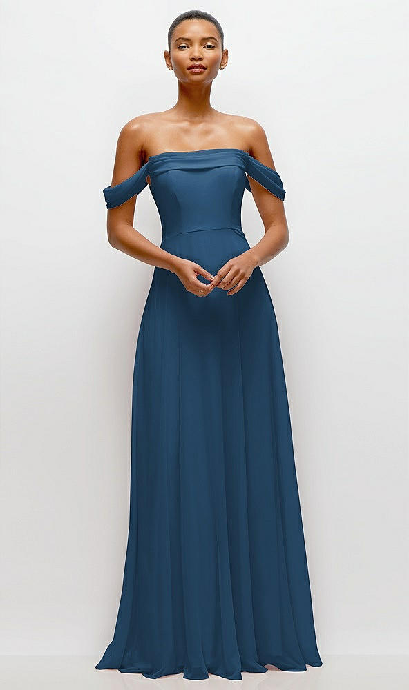 Front View - Dusk Blue Off-the-Shoulder Draped Neckline Maxi Dress