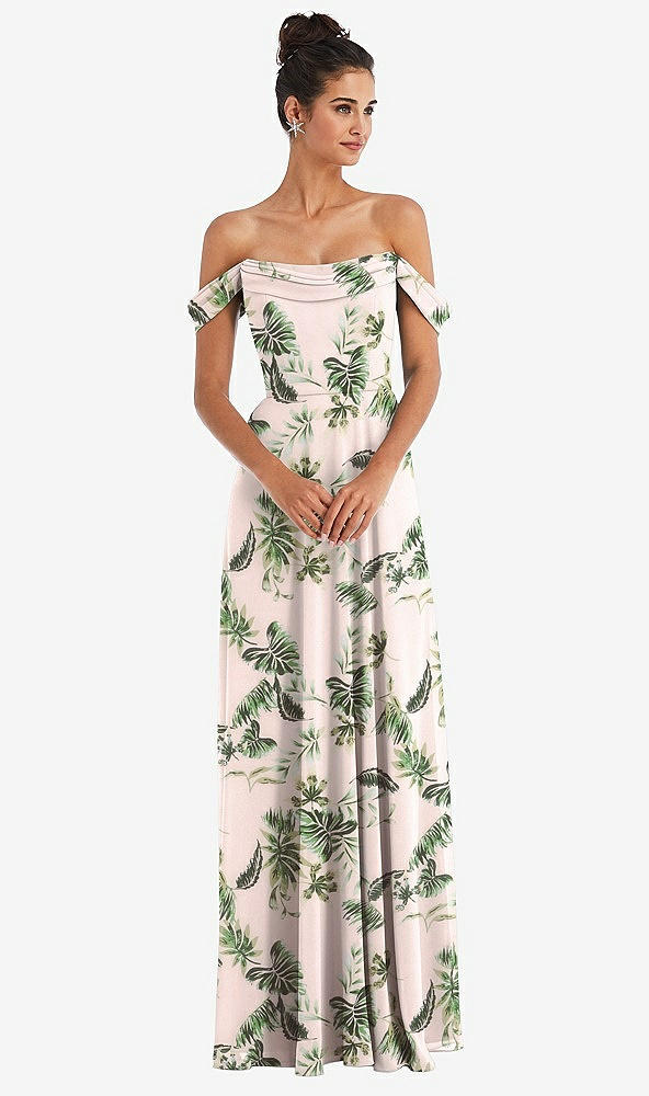 Front View - Palm Beach Print Off-the-Shoulder Draped Neckline Maxi Dress