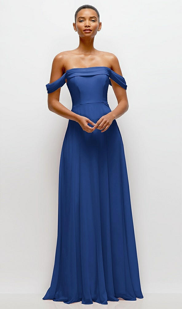 Front View - Classic Blue Off-the-Shoulder Draped Neckline Maxi Dress