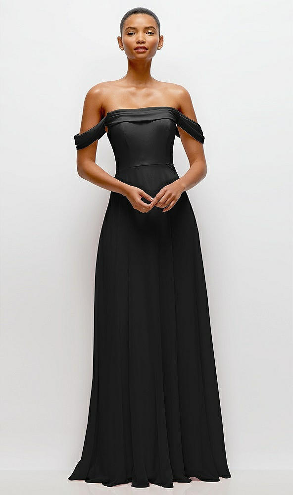 Front View - Black Off-the-Shoulder Draped Neckline Maxi Dress