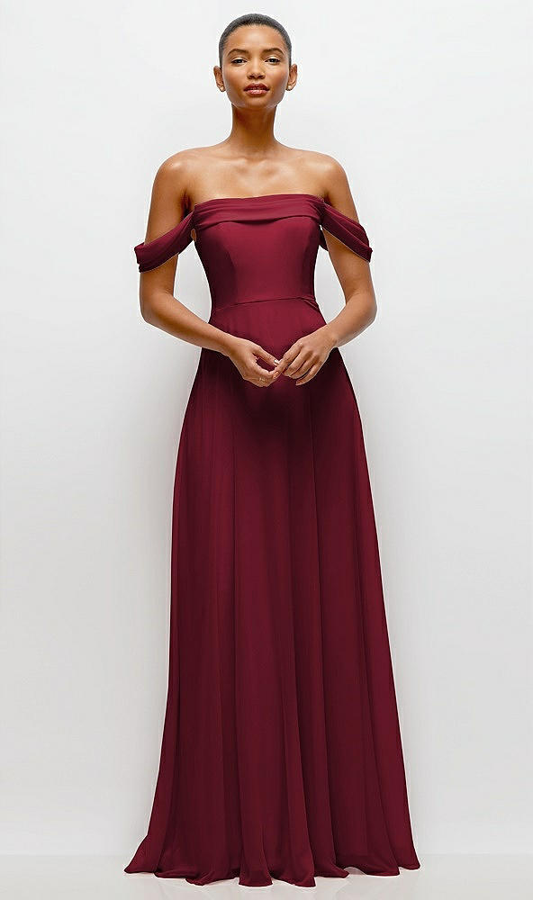 Front View - Burgundy Off-the-Shoulder Draped Neckline Maxi Dress