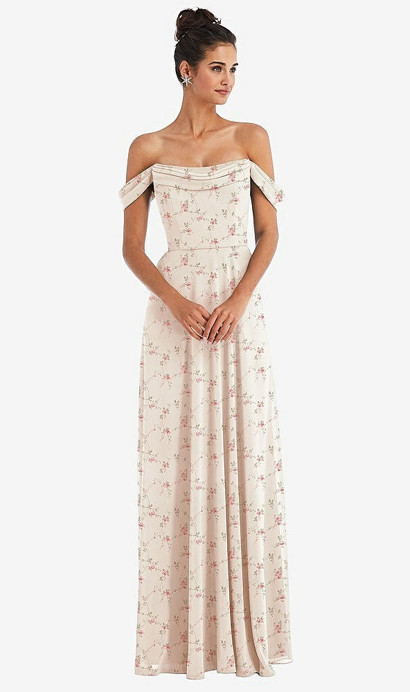 Front View - Coquette Floral Print Off-the-Shoulder Draped Neckline Maxi Dress