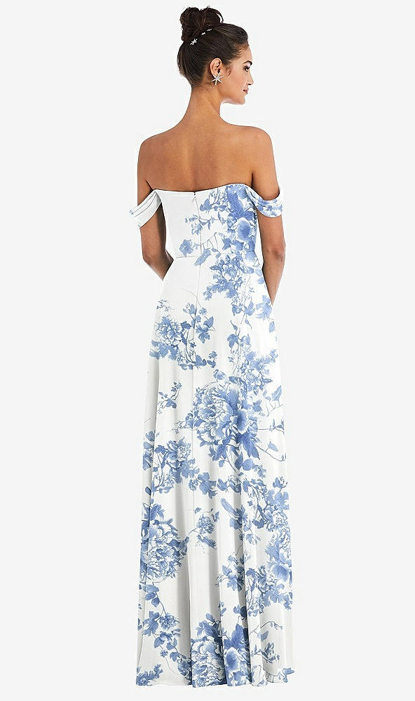 Back View - Cottage Rose Dusk Blue Off-the-Shoulder Draped Neckline Maxi Dress