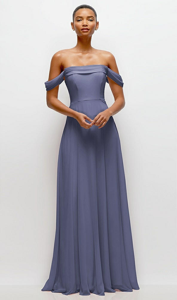 Front View - French Blue Off-the-Shoulder Draped Neckline Maxi Dress