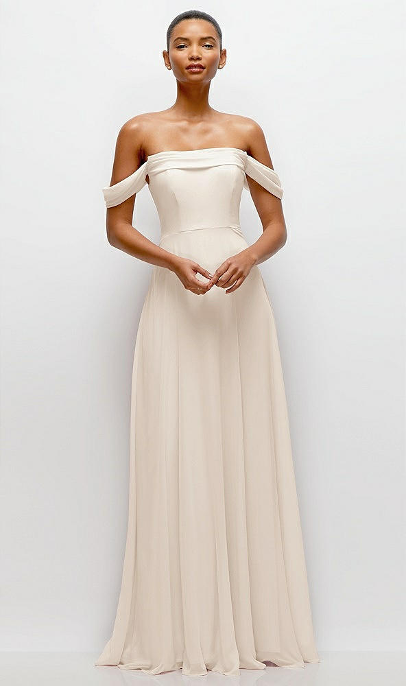 Front View - Oat Off-the-Shoulder Draped Neckline Maxi Dress