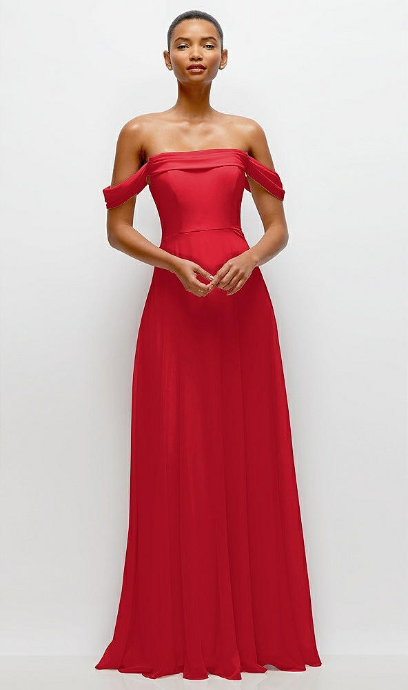 Front View - Parisian Red Off-the-Shoulder Draped Neckline Maxi Dress